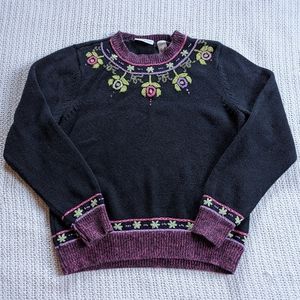 VTG Liz Claiborne Floral Embroidered Sweater Women XL Black Ramie Cotton Cottage